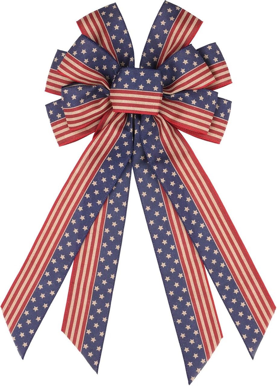 Large Patriotic Wreath Bow – 20.87" Red, White & Blue Stars & Stripes Burlap Bow for 4th of July, Memorial Day, Veterans Day Front Door & Outdoor Decoration